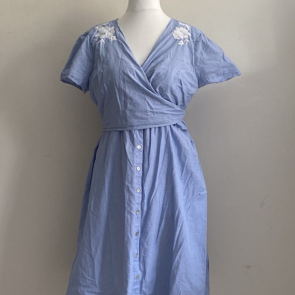 Blue knee-length maternity and nursing wrap dress